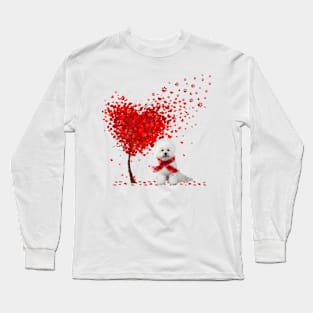 Happy Valentine's Day Heart Tree Love White Bichon Frise Long Sleeve T-Shirt